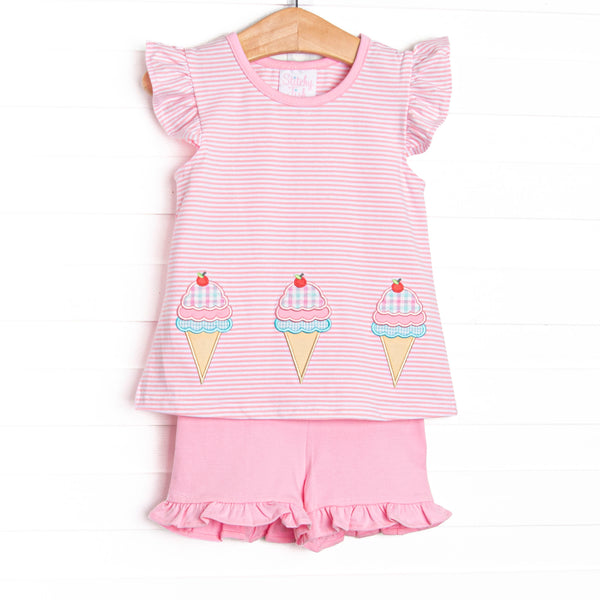 This set features an pink striped print, flutter sleeves, and a trio of ice cream cone appliques.
