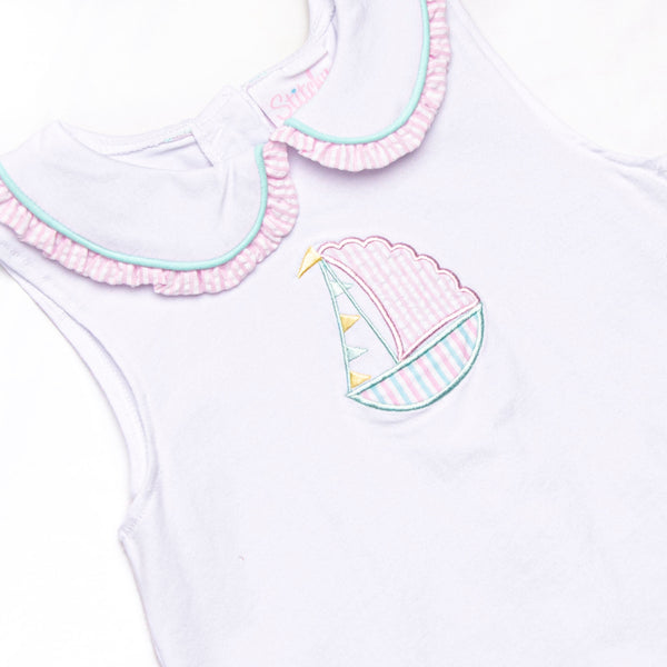 Seersucker Sails Collared Applique Short Set, Pink