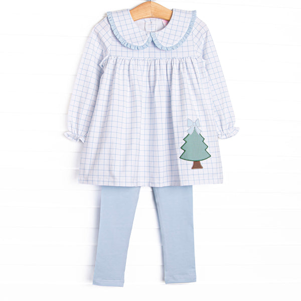 This set features a blue windowpane print, a peter pan collar with blue ruffle trim, and a christmas tree applique. Coordinating blue leggings to match.