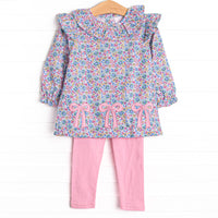 This set features a purple floral print top with a ruffle collar and a trio of bows appliques. Coordinating pink leggings to match.