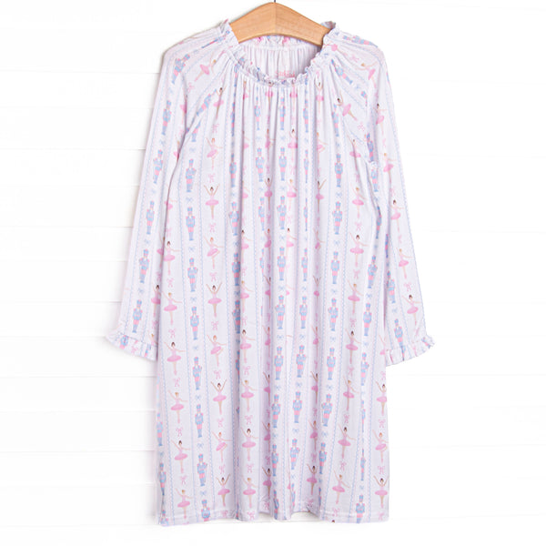 This gown is made of the extremely soft, stretchy bamboo viscose fabric that feels like butter and features a nutcracker print.