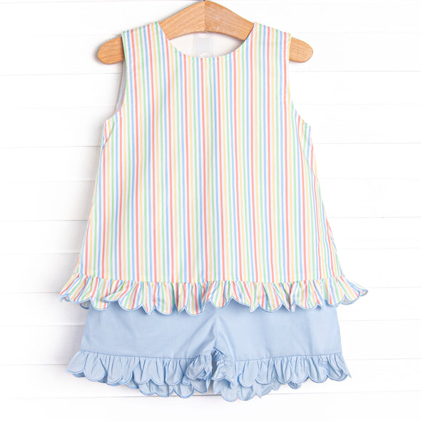 Rainbow Waves Ruffle Short Set, Blue
