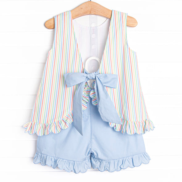 Rainbow Waves Ruffle Short Set, Blue