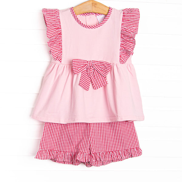 Rosey Red Bow Ruffle Short Set, Pink