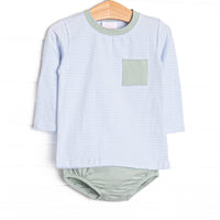  The set features soft knit material, a front pocket, and a coordinating diaper cover. 
