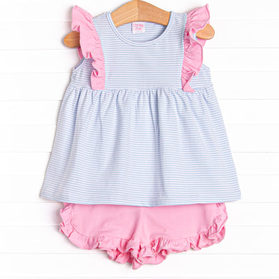 Sky Blue Stripes Ruffle Short Set, Blue
