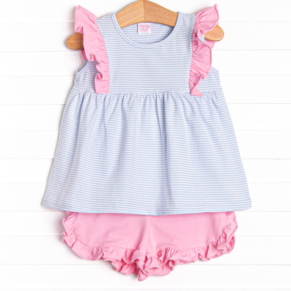 Sky Blue Stripes Ruffle Short Set, Blue