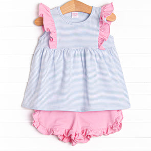Sky Blue Stripes Ruffle Short Set, Blue