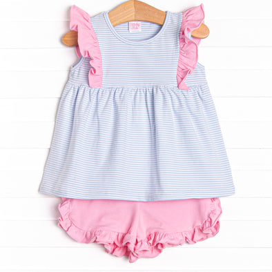 Sky Blue Stripes Ruffle Short Set, Blue