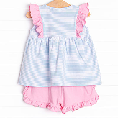 Sky Blue Stripes Ruffle Short Set, Blue
