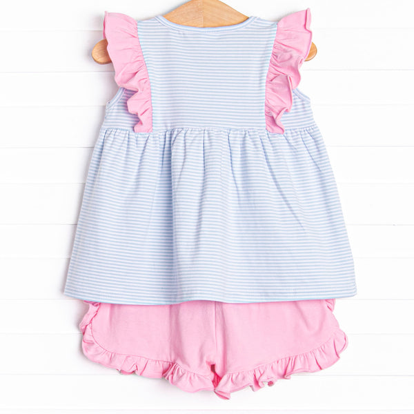 Sky Blue Stripes Ruffle Short Set, Blue