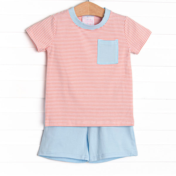 This cozy knit favorite is a staple for every little guy's closet featuring soft knit material, coordinating blue knit shorts, and orange blue stripes