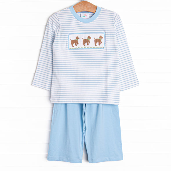 Puppy Present Smocked Pant Set, Blue