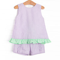 Subtle Seersucker Ruffle Short Set, Purple