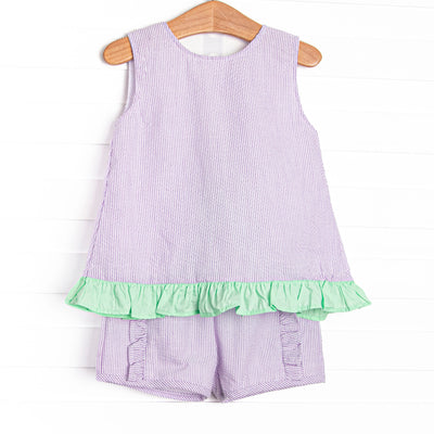 Subtle Seersucker Ruffle Short Set, Purple