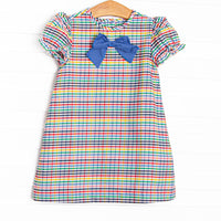 Back to School Plaid Puff Sleeve Dress, Blue