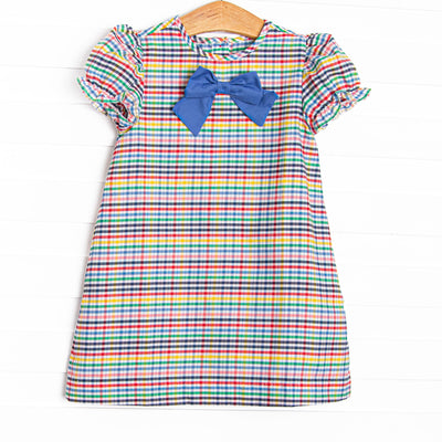 Back to School Plaid Puff Sleeve Dress, Blue