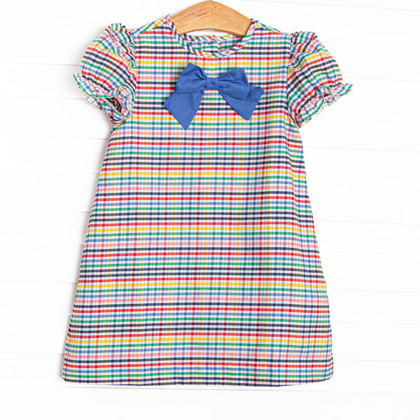 Back to School Plaid Puff Sleeve Dress, Blue