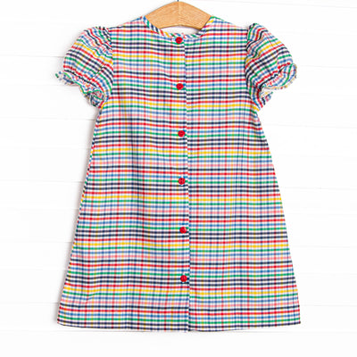 Back to School Plaid Puff Sleeve Dress, Blue