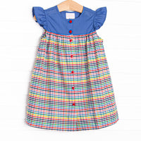 Back to School Plaid Button Dress, Blue