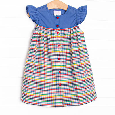 Back to School Plaid Button Dress, Blue