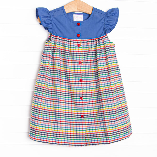 Back to School Plaid Button Dress, Blue