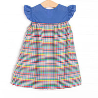 Back to School Plaid Button Dress, Blue