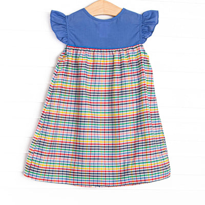 Back to School Plaid Button Dress, Blue