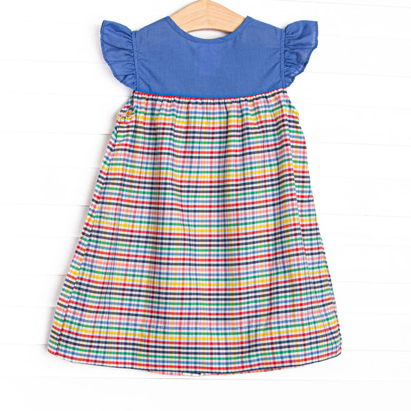 Back to School Plaid Button Dress, Blue