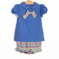 Back to School Plaid Ruffle Short Set, Blue