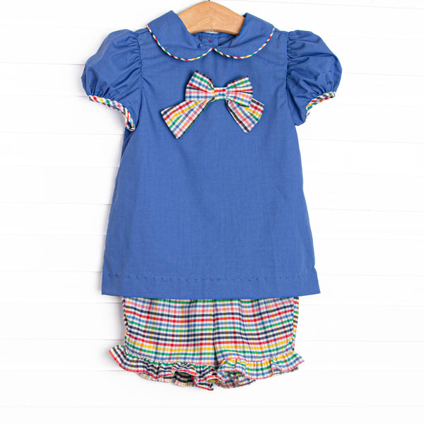 Back to School Plaid Ruffle Short Set, Blue