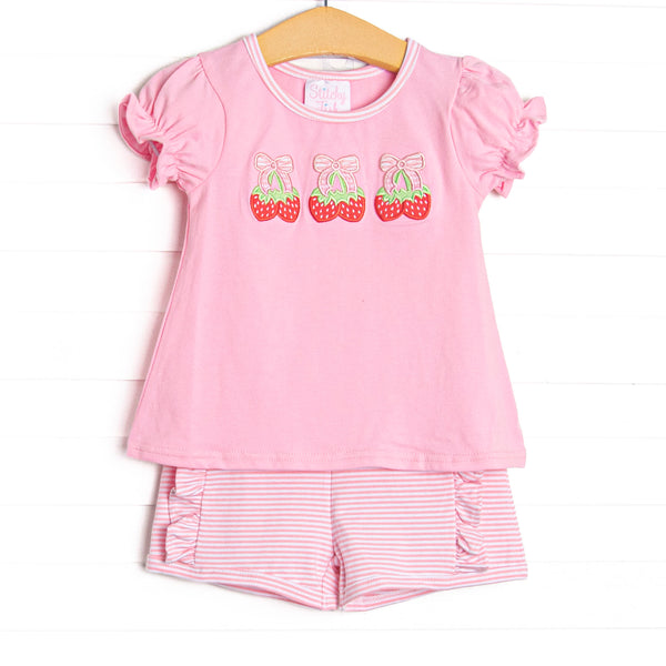 Strawberry Bundles Applique Short Set, Pink