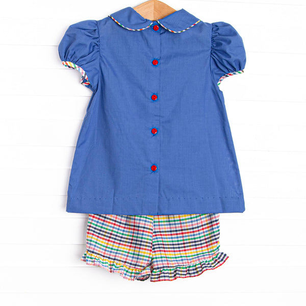 Back to School Plaid Ruffle Short Set, Blue