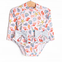 Sandy Seashells Long Sleeve One Piece Rash Guard, Pink