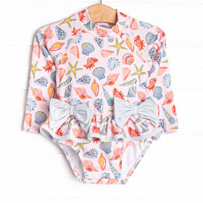 Sandy Seashells Long Sleeve One Piece Rash Guard, Pink