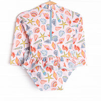 Sandy Seashells Long Sleeve One Piece Rash Guard, Pink