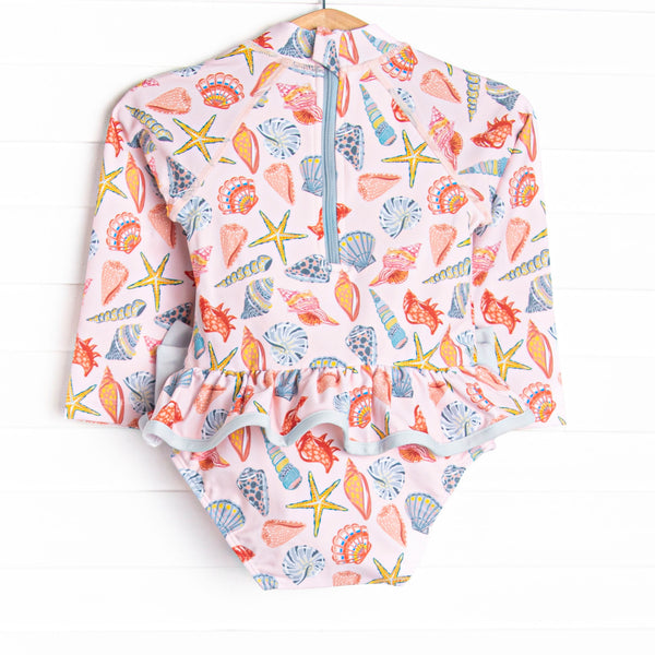 Sandy Seashells Long Sleeve One Piece Rash Guard, Pink