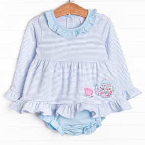 Little Teapot Long Sleeve Applique Diaper Set, Blue