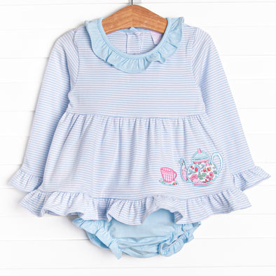 Little Teapot Long Sleeve Applique Diaper Set, Blue