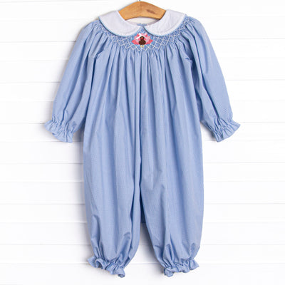 Gobble Gobble Smocked Girl Romper, Blue