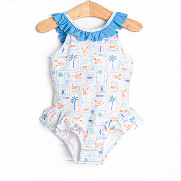 Santorini Stamps One Piece, Blue