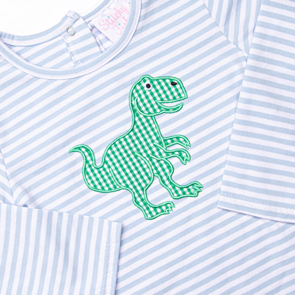 Rexy Reptile Applique Romper, Blue Stripe