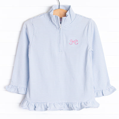  This pullover features light blue stripes, ruffle trim, and a pink bow embroidery. 