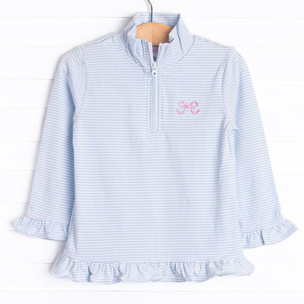  This pullover features light blue stripes, ruffle trim, and a pink bow embroidery. 