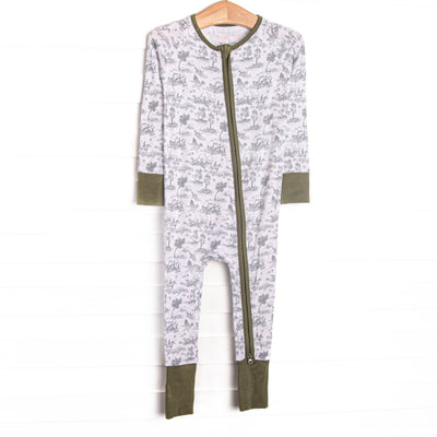 This zippy is made of the extremely soft, stretchy bamboo viscose fabric that feels like butter. With fold over cuffs at the feet so it can be worn as a romper or a zippy, a double zipper for easier diaper changes, and a hunting dog print