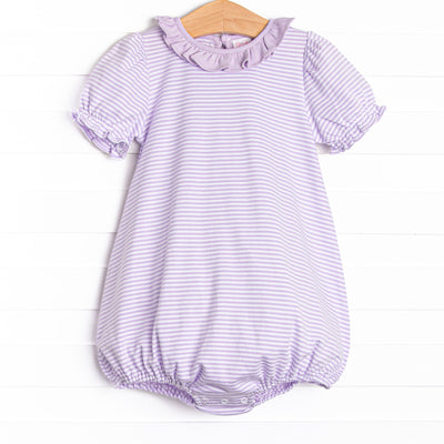 The Elena Pima Bubble features a purple striped print, ruffle collar, and our extremely soft pima cotton material.