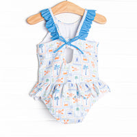 Santorini Stamps One Piece, Blue