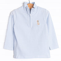 Featuring light blue stripes, a quarter zipper, and a puppy embroidery, this pullover will keep him warm on cool summer days