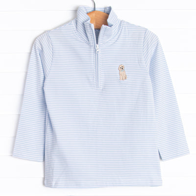 Featuring light blue stripes, a quarter zipper, and a puppy embroidery, this pullover will keep him warm on cool summer days