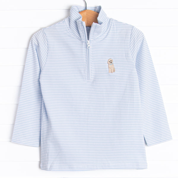 Featuring light blue stripes, a quarter zipper, and a puppy embroidery, this pullover will keep him warm on cool summer days